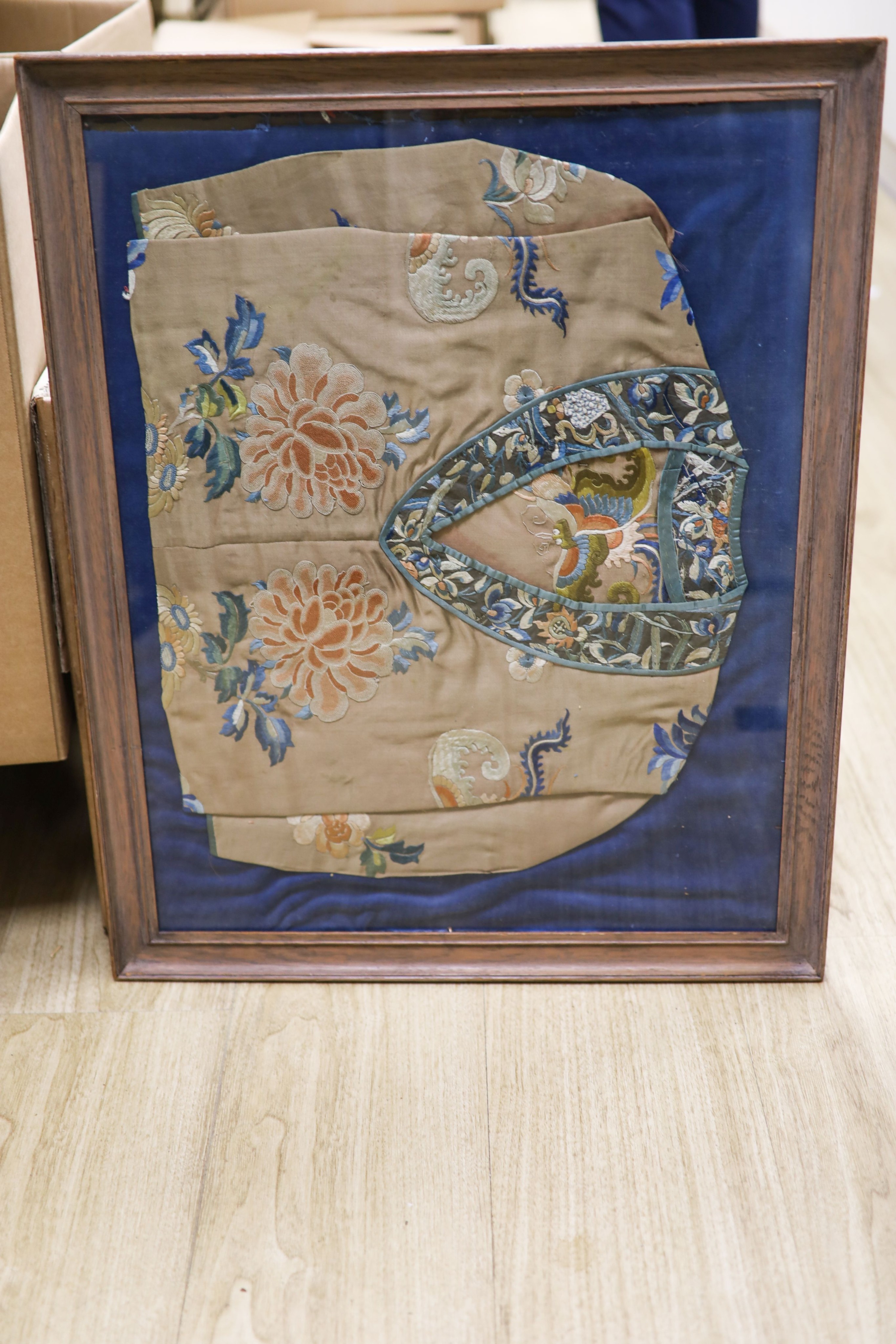 Assorted framed and glazed Chinese embroideries, late Qing to Republic